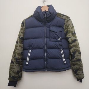 Nautica Womens Camouflage Mixed Media Faux Shearling Puffer Jacket Size Small
